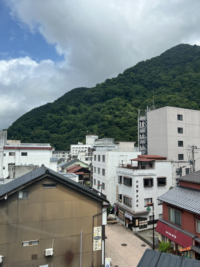 Town buildings against a lush green mountain, Kurobe, Toyama Prefecture, Japan.