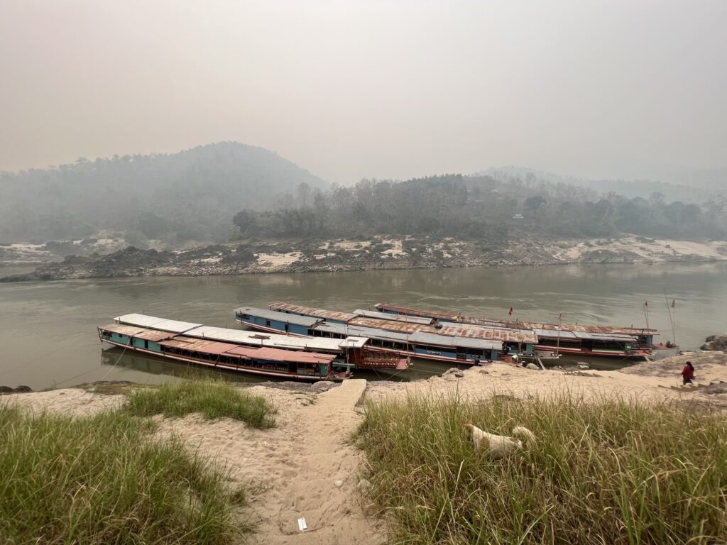 Boats docked on the Mekong River, Pakbeng, Oudomxay, Laos.