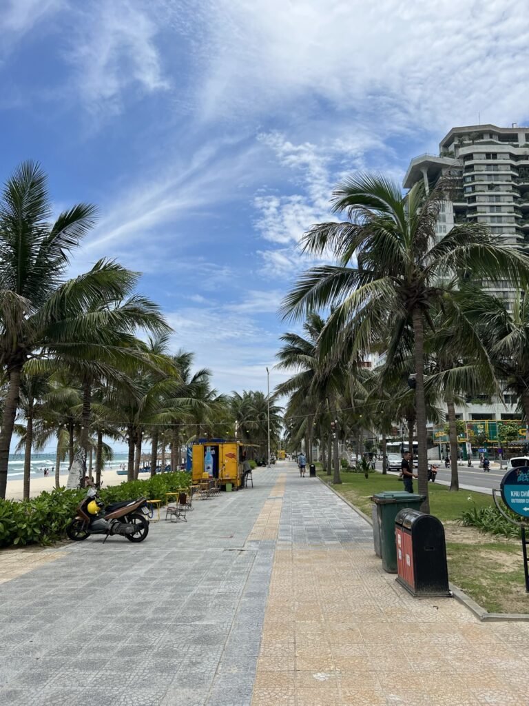 Palm-lined promenade along a sunny beach, Đà Nẵng, Vietnam.