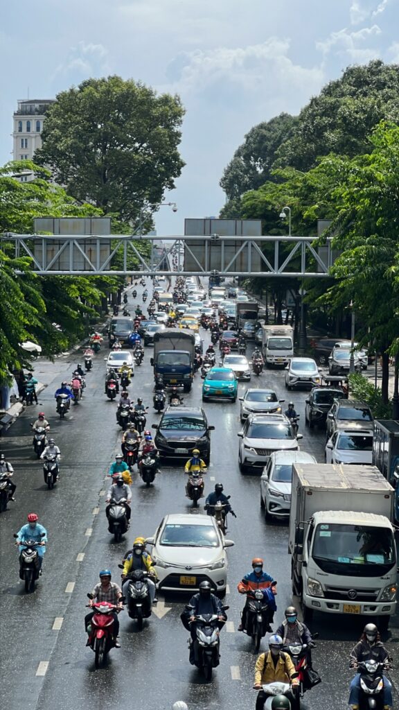 Heavy traffic of motorbikes and cars, Thủ Đức, Vietnam.