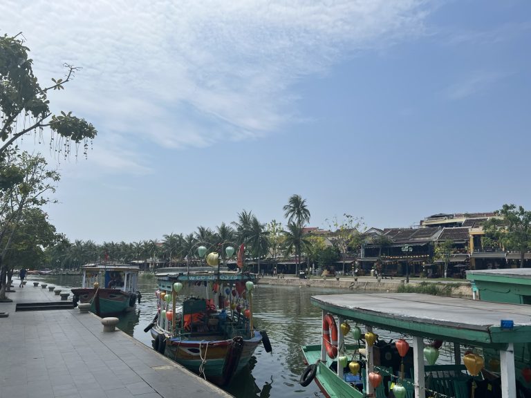 Colorful boats with lanterns on river, Hoi An, Vietnam.